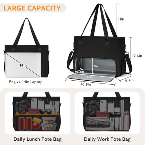Lunch Bag for Women, Tote Bag with Insulated Lunch Compartment, Non-Leather Water-Resistant Polyester Laptop Bag, Large Capacity & Cup Holder, Casual Work Tote for Teacher, Nurse, Travel, Daily, Black — view 3