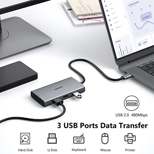 ABIWAZY USB C Hub Triple Monitor Adapters 8 in 1 USB C Docking Station with Dual HDMI Displayport VGA, USB C 100w PD,3 USB2.0 Multiport Dongle for Dell XPS 17/15/13,Lenovo Thinkpad,HP Envy,MacBook — view 3