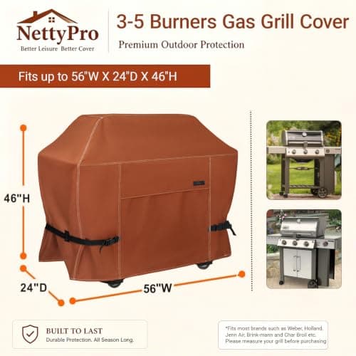 NettyPro BBQ Grill Cover 56 inch Heavy Duty Waterproof Outdoor 2-3 Burners Gas Grill Cover for Outside Weber, Char-Broil, Brinkmann, Nexgrill Barbecue, Brown — view 4