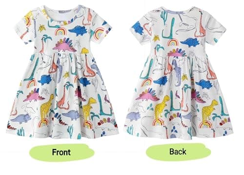 Winzik Toddler Summer Dress, Little Girls Short Sleeve Cotton Casual Dresses Dinosaur Clothes 2-8 Years (3-4T, Colorful Dinosaur) — view 5