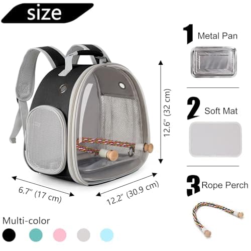 Small Bird Travel Backpack Carrier Cage, Backpack to Transport Backpack Carrier with Metal Tray Stand Perch for Parakeet Cockatiel Budgies Vet Carry Book Bag Black
