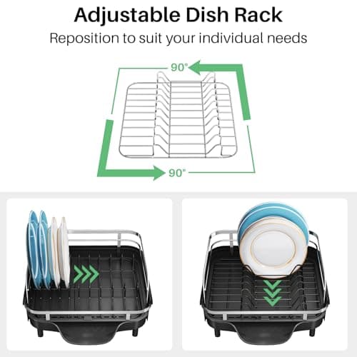 SNTD Dish Drying Rack, Expandable Dish Rack for Kitchen Counter, Stainless Steel Dish Drainer with Drainboard Set and Utensil Holder (Black) — view 5