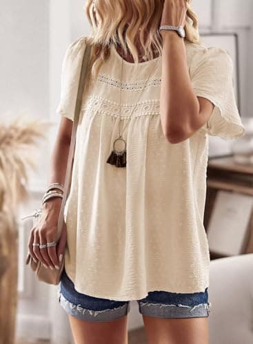 Falechay Cute Tops for Women Lace Pom Pom Babydoll Flowy Maternity Blouses Boho Round Neck Tunic Short Sleeve Girls Loose Apricot XS