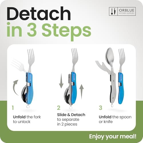 Orblue 4-in-1 Camping Utensils, 1-Pack, Portable Stainless Steel Spoon, Fork, Knife & Bottle Opener Combo Set - Travel, Backpacking Cutlery Multitool, Blue — view 2