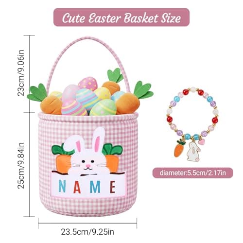 OXYEFEI Easter Baskets for Kids,Pink Embroidered Reusable Empty Bunny Egg Personalized Easter Basket with Bracelet for Party Gifts (Pink) — view 3