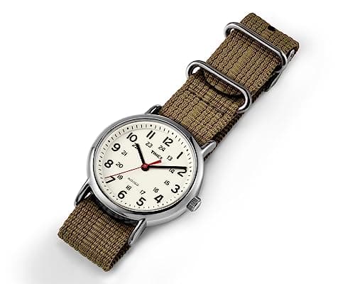 Timex Unisex Weekender 38mm Watch – Silver-Tone Case Cream Dial with Olive Fabric Slip-Thru Strap