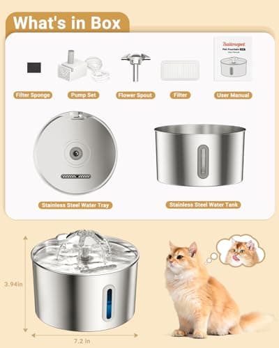 Cat Water Fountain Stainless Steel - 74oz/2.2L Automatic Large Pet Watering Bowl Dispenser for Indoor Dogs - Drinking Fountains with 3 Filter, Gifts for Cats and Kitty - Dog Waterer Bowls No Spill — view 7