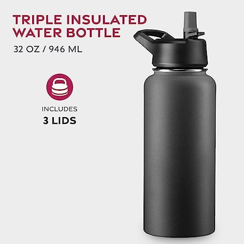 FineDine Water Bottle - Stainless Steel Insulated Water Bottle with Straw Lid, Flip Lid & Wide-Mouth Cap - Keeps Hot and Cold - 32 Oz / 946ml - Inky Raven Black
