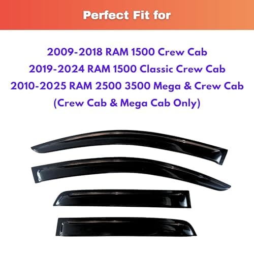 KPY Rain Guards Fit for 2009-2018 RAM 1500 Crew Cab, Out-Channel Window Visors Vent Deflectors 4PC, Truck Accessories for 2019-2024 RAM 1500 Classic, 2010-2025 RAM 2500 3500 (Mega & Crew Cab)