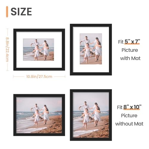 upsimples 8x10 Picture Frame Set of 5, Display Pictures 5x7 with Mat or 8 x 10 Without, Wall Gallery Photo Frames, Black — view 4