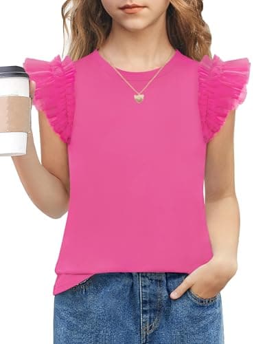 Arshiner Shirts for Kids Mesh Ruffle Flying Short Sleeve Tops for Kids Size 7-8 Casual Soft Summer Tees for Girls Hot Pink