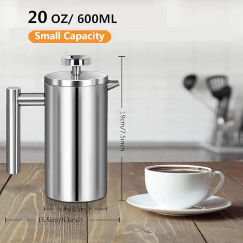 Meelio French Press Coffee Maker, 600ml/20oz Silver Stainless Steel Coffee Press, Double-Wall Insulated, Food Grade & Rust-Free, Included 2 Extra Filters, Dishwasher Safe