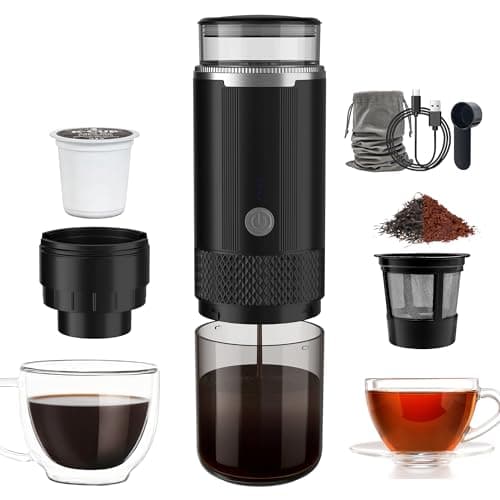 Aromilo Portable Travel Coffee Maker, 3-in-1 Camping Coffee Machine with USB-C for Travel Car,Cordless Battery Powered,Rechargable,Compatible with Ground Coffee,Capsules,Tea, 6OZ Cup,Black,170ml