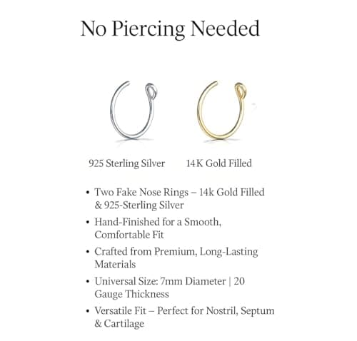 Fake Nose Rings For Women - Set of 2 Tiny Thin 20 Gauge 7mm Faux Nose Piercing Hoops - Handmade 925 Sterling Silver 14k Gold Filled Clip On Nose Jewelry - No Piercing Needed - Gift Ready — view 2