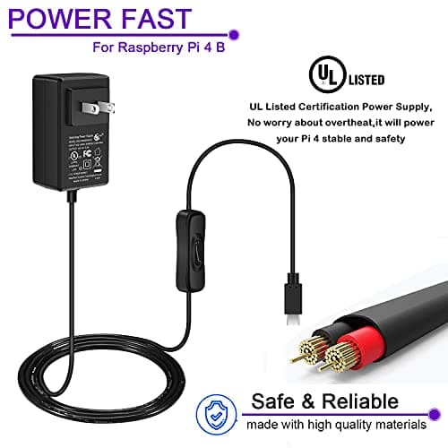 iUniker 5V 4A USB-C Power Supply for Raspberry Pi 4, 20W Charger with ON/Off Switch, 5ft Cable, UL Listed - Compatible with Pi 4 Model B (8GB/4GB/2GB/1GB) & Orange Pi 5/5B — view 5