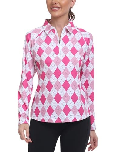 MoFiz Women's Golf Polo Shirt UPF 50+ Sun Protection Long Sleeve T-Shirt 1/4 Zip Pullover Athletic Hiking Runing Tops Pink Argyle XL