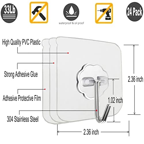 Jwxstore 24 Pack Wall Hooks for Hanging 33lb(Max) Heavy Duty Self Adhesive Hooks Transparent Waterproof Sticky Hooks for Keys Bathroom Shower Outdoor Kitchen Door Home Improvement Utility Hooks