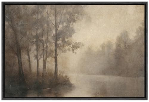 SIGNWIN Framed Moody Misty Forest River Landscape Nature Wilderness Modern Art Decorative for Living Room, Bedroom, Office - 24"x36" BLACK