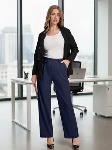 Feiersi Womens Dress Pants Wide Leg Pull On Stretchy Work Pants High Waisted Business Trousers with Pockets(Navy Blue,Large) — view 2