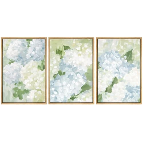 SIGNFORD Framed Canvas Print Wall Art Set Soft Hydrangea Floral Subtle Blue and Green Hues Illustrations Modern Art Relax/Calm for Living Room, Bedroom, Office - 16"x24"x3 Natural