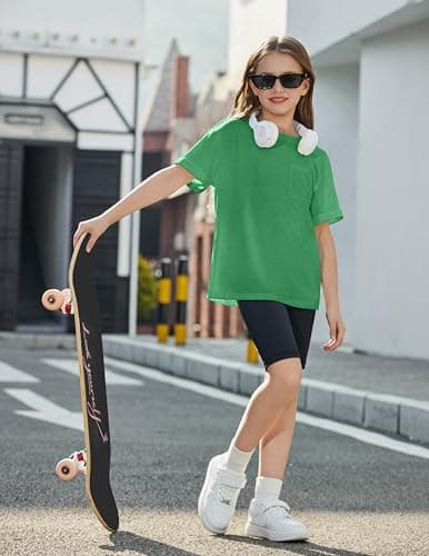 Arshiner Short Sleeve Shirts Girls Crew Neck Oversized Casual Loose with Pocket Tops Kids Cute Blouses for Girls Green 13-14 Years — view 3