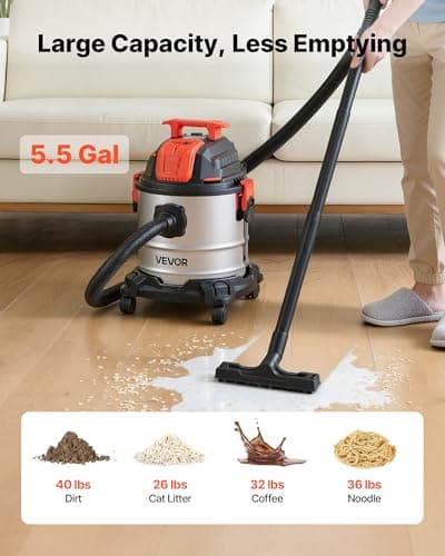 VEVOR Shop Vac, 5.8 Gallon Wet Dry Shop Vacuum, 4 Peak HP with One-Button Self-Cleaning, Dual-Filter, 900W Input Power, 1.25in x 7ft Hose, 9.8ft Cord, Metal Tank for Jobsite, Workshop, Garage, Home — view 5