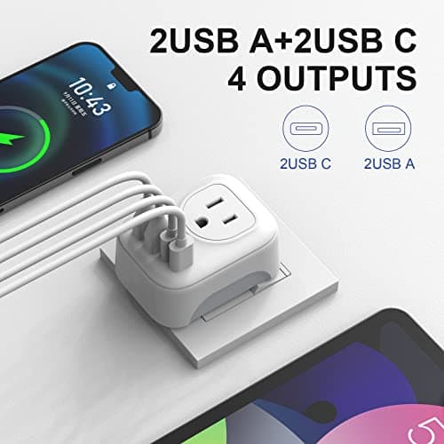 VYLEE Travel Plug Adapter, International Plug Adapter with 4 AC Outlets 2 USB Ports (2 USB C Port), Type C Power Adaptor Charger for the US to Most of Europe Iceland Spain Italy France Germany — view 2