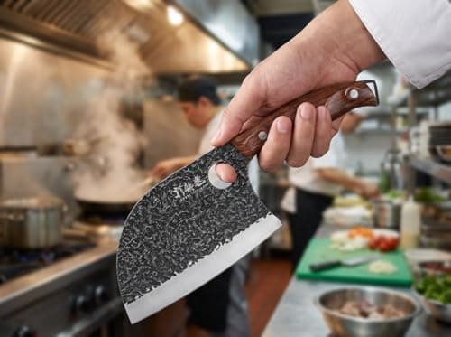 3PCS Butcher Knife Set, 7" Butcher Meat Cleaver, 7" Serbian Chef Knife and 6.5" Viking Knife, Hand Forged Kitchen Knife Set with Plastic Handle, Geat for Home, Camping, BBQ (Unique Finger Hole Design) — view 3