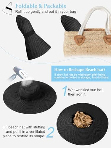 Senker Fashion Sun Hats for Women Oversize Wide Brim Straw Beach Hat Floppy Foldable Roll-Up Summer Vacation UPF 50+ Black — view 2