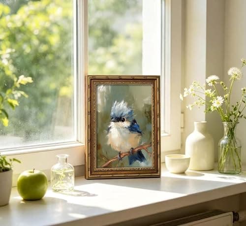 Dougepce 3D Texture Oil Painting,Vintage Gold Framed Wall Art,Blue Bird Wall Art Canvas Prints, Birds on Tree Pictures Wall Decor, Birds Artwork Paintings for Bedroom Wall Decor (Blue 11''Lx9''W) — view 6
