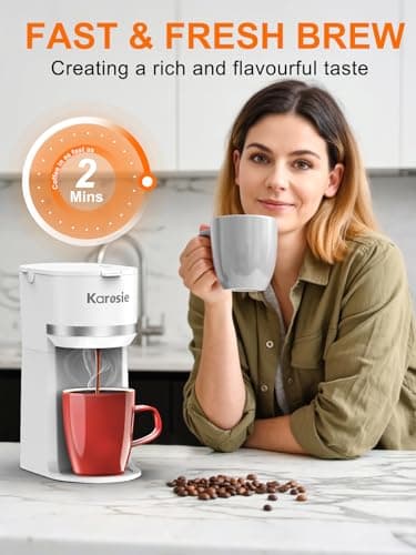 Karosie Single Serve Coffee Maker for Coffee Pods and Grounds,Fast Brew, 6-12 oz Brew Sizes Single Cup Coffee Maker Fits 5.5" Mugs,One-Button Small Coffee Maker,Descaling Reminder,White,9.45 Inches — view 2