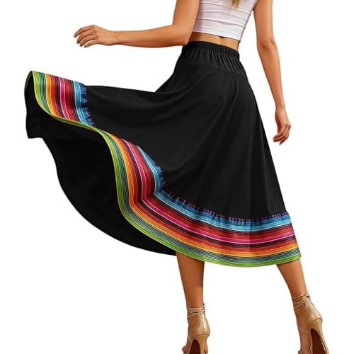 Women Long Full Circle Folklorico Dance Skirts Spanish Bull Folkloric Mexican Flamenco Performance Costume Clothes Black-XXXXL