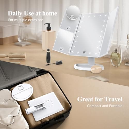 HUONUL Makeup Mirror, Vanity Mirror with Lights, 2X/3X/10X Magnification, Touch Control, Trifold, Dual Power Supply, Birthday Gifts for Women, Wife, Mom, Girls,Dorm Room Essentials — view 3