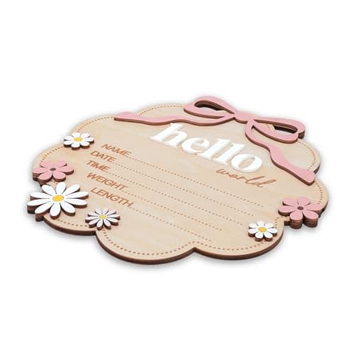TTMerriwood Hello World Wooden Baby Birth Announcement Sign with Pink Bow, Cloud Shape Floral Newborn Name Date Time Weight Length Board, Baby Girl Nursery Photo Prop (Light Pink) — view 3