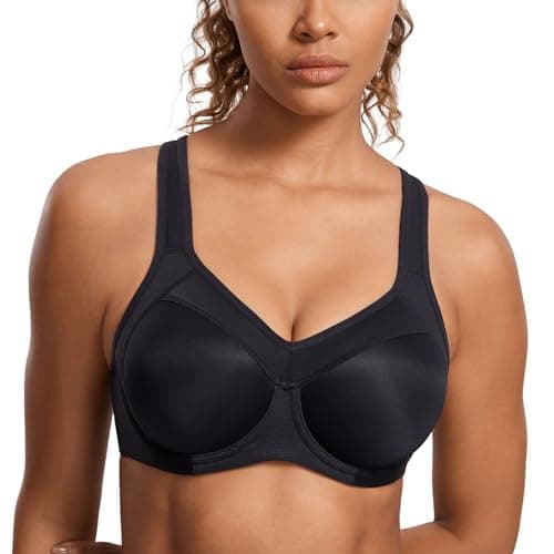 SYROKAN Women's Full Support High Impact Racerback Lightly Lined Underwire Sports Bra Solid Black 36G