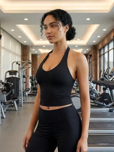 YEOREO Women's Halter Crop Top V Neck Workout Going Out Tank Top Hazel Padded Sleeveless Backless Trendy Summer Camisole Black Small — view 2