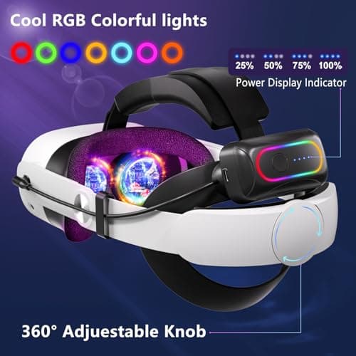 Saqico 20000mAh Dual Magnetic Battery Head Strap Compatible with Meta Oculus Quest 2/3/3S, Cool RGB Battery Pack & Easy to Replace Extend VR Playtime-Premium Comfort & Adjustable, Reduce Facial Stress — view 4