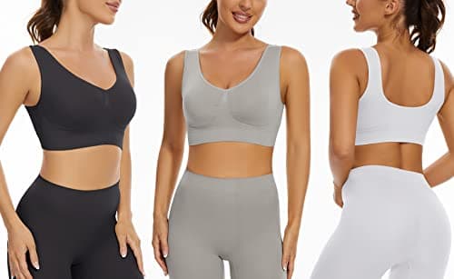 Lemef 3-Pack Seamless Sports Bra Wirefree Yoga Bra with Removable Pads for Women (Large, Black&White&Grey) — view 2
