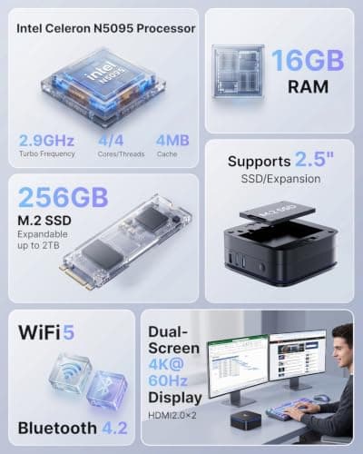 KAMRUI AK1PLUS Mini PC Computer, Intel Celeron N5095 (Up to 2.9GHz), 16GB RAM 256GB SSD, Dual 4K Mini Desktop Computer, Support 2.5'' SSD Expansion, WiFi, Bluetooth, Ethernet, Business Home Office PC
