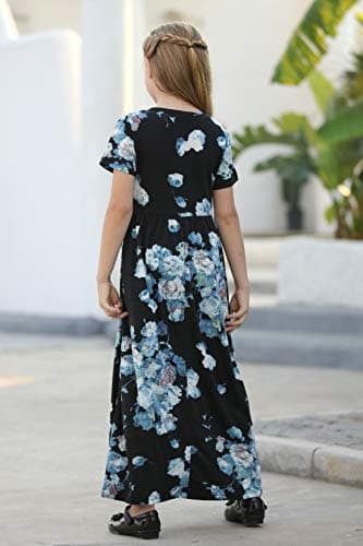GORLYA Girl's Short Sleeve Floral Print Loose Casual Holiday Long Maxi Dress with Pockets (14Years/Height:160cm, Blue Print)