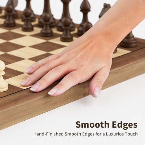 15" Wooden Folding Chess & Checkers Set - 2 in 1 Board Game with 3" King Staunton Pieces and 2 Extra Queens (Tigerwood) — view 3
