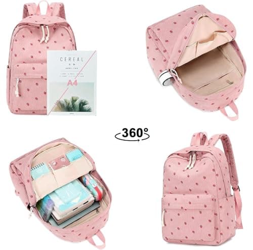 Bluboon Backpack for School Girls Backpack Cute Corduroy Bookbag Kids Backpack Laptop Backpack Gifts for Women, Corduroy Strawberry Pink, Classic — view 4