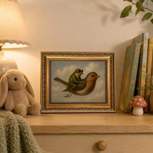 WZGZXU Gold Framed Wall Art Vintage Pictures Wall Decor Frog Riding Bird Canvas Art Funny Paintings Animal Prints Antique Artwork For Living Room Bedroom 8x10in