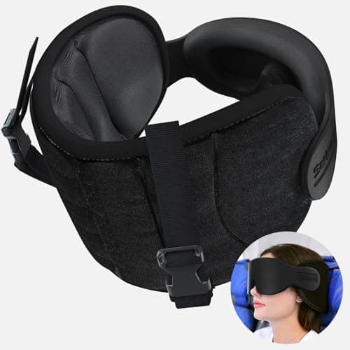 SARISUN Travel Pillow, Neck Pillow with Eye Mask, Airplane Pillow for Long Flight Sleeping Travel, Kids Travel Pillow for Car, Road Trip Car Headrest, Stop Bobblehead, Neck Pain Relief, Black