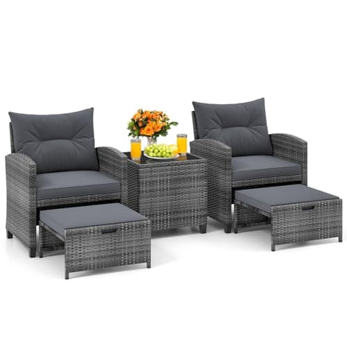 KOTEK 5 Pieces Patio Furniture Set with Ottomans, Wicker Patio Conversation Set with Coffee Table & Cushions, PE Rattan Outdoor Lounge Chairs for Backyard, Porch, Poolside (Mix Grey- Grey)