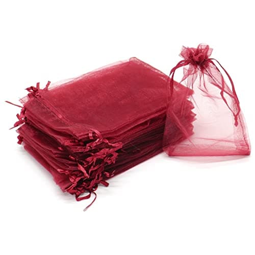 Bezall 100pcs Small Organza Bags 3x4 inch, Burgundy Drawstring Wedding Party Favor Bags Mesh Jewelry Gift Pouches Christmas Candy Bags