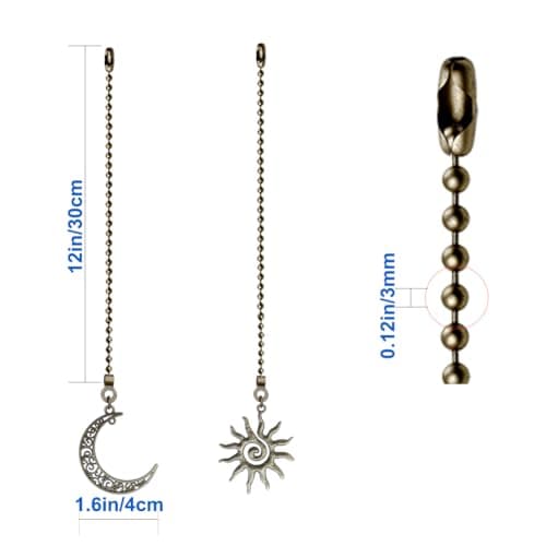 2 Pack Ceiling Fan Pull Chain, Sun and Moon Pull-chain Extension, 12 Inches Celestial Decor Beads Ball Chain Extender with Connectors for Ceiling Fans/Lighting Lamps (Bronze)