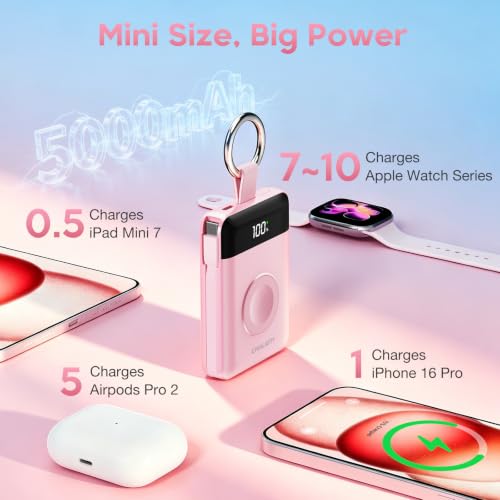 CHALIGTI 5000mAh Portable Charger with LED Display,PD 20W Super Fast Charging Power Bank with Built-in Cables,Travel Keychain Battery Pack for Apple Watch Series,iPhone Air/17/16/15/14/13/12,Pink — view 3