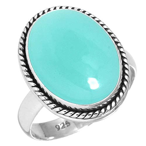 JEWELOPORIUM Aqua Chalcedony Silver Ring Size 9, 925 Sterling Silver Ring for Women, Chunky Oval Gemstone Boho Jewelry
