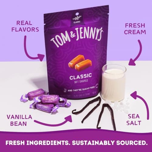Tom & Jenny's Sugar Free Caramel - Individually Wrapped Sugar Free Candy - Zero Sugar Keto Caramels (Sea Salt & Vanilla Classic Chewy Caramel) — view 4